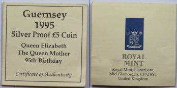 1995 Guernsey Queen Mother 95th Birthday £5 Five Pound Silver Proof Coin