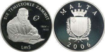 Μάλτα Ασημένιο Proof 5 lira 2006 – Sir Temistokle Zammit