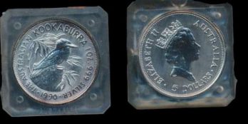 Australia: 1990 $5 1oz silver Kookaburra UNC. Scarce. KM#189
