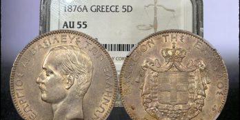 Greece, 1876-A 5 Drachmai, King George I, Silver, NGC AU55