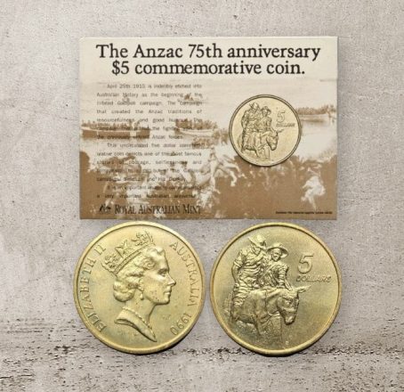 1990-" Anzac-75th-Anniversary "-Australia-$5-Dollar-RAM-UNC-Coin-on-Card-midas-collectibles